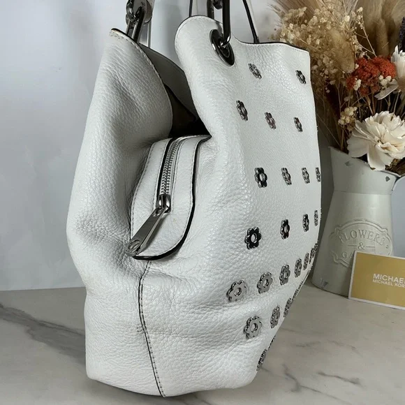 Michael Kors Raven White Silver Floral Flower Stud Shoulder Hand Bag Leather - Picture 5 of 15
